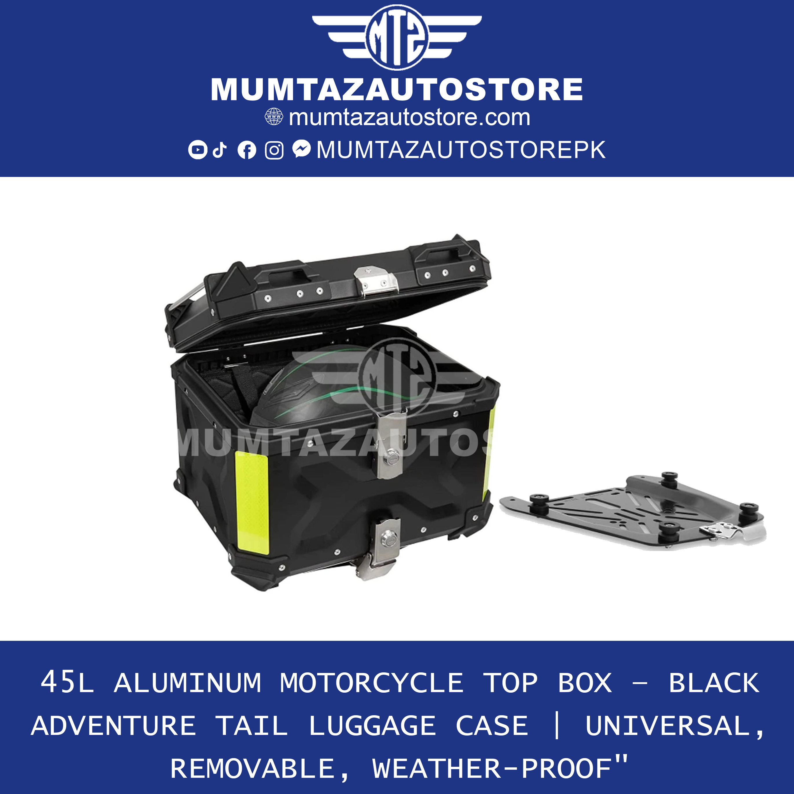 Aluminum Motorcycle Tail Box 45L – Detachable Rear Luggage Trunk Top Case for Storage