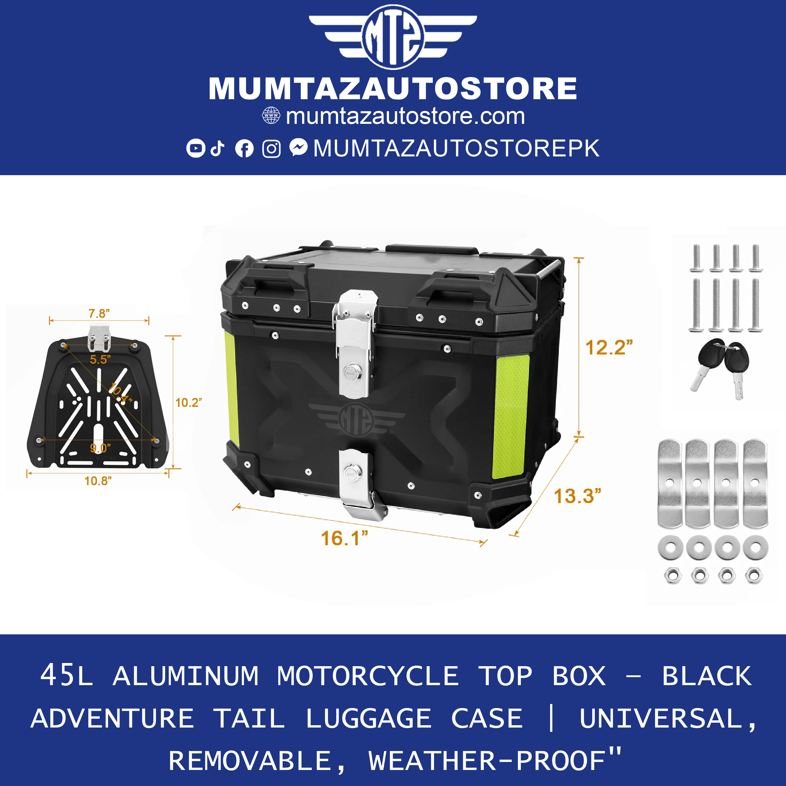 Aluminum Motorcycle Tail Box 45L – Detachable Rear Luggage Trunk Top Case for Storage