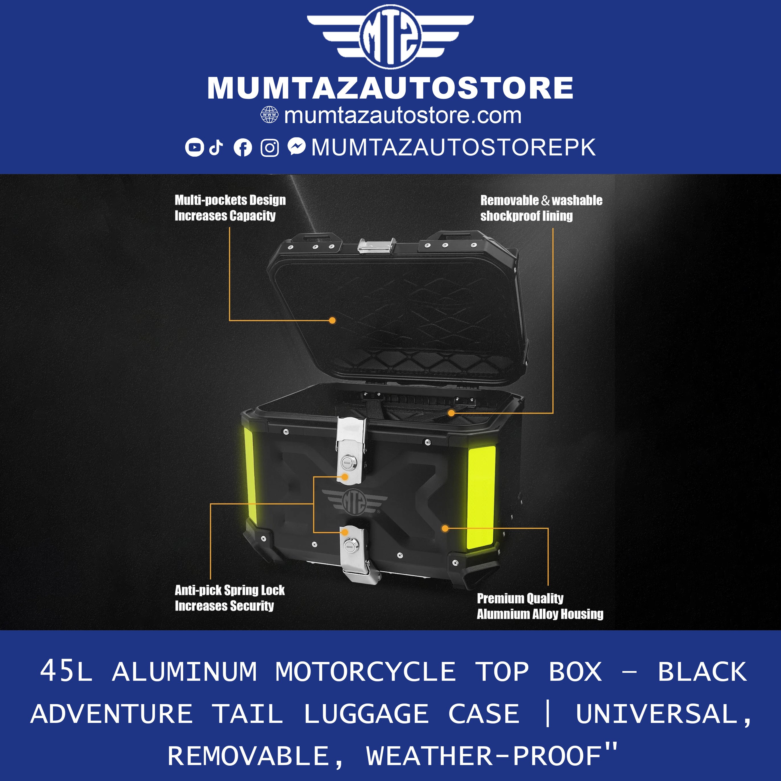 Aluminum Motorcycle Tail Box 45L – Detachable Rear Luggage Trunk Top Case for Storage