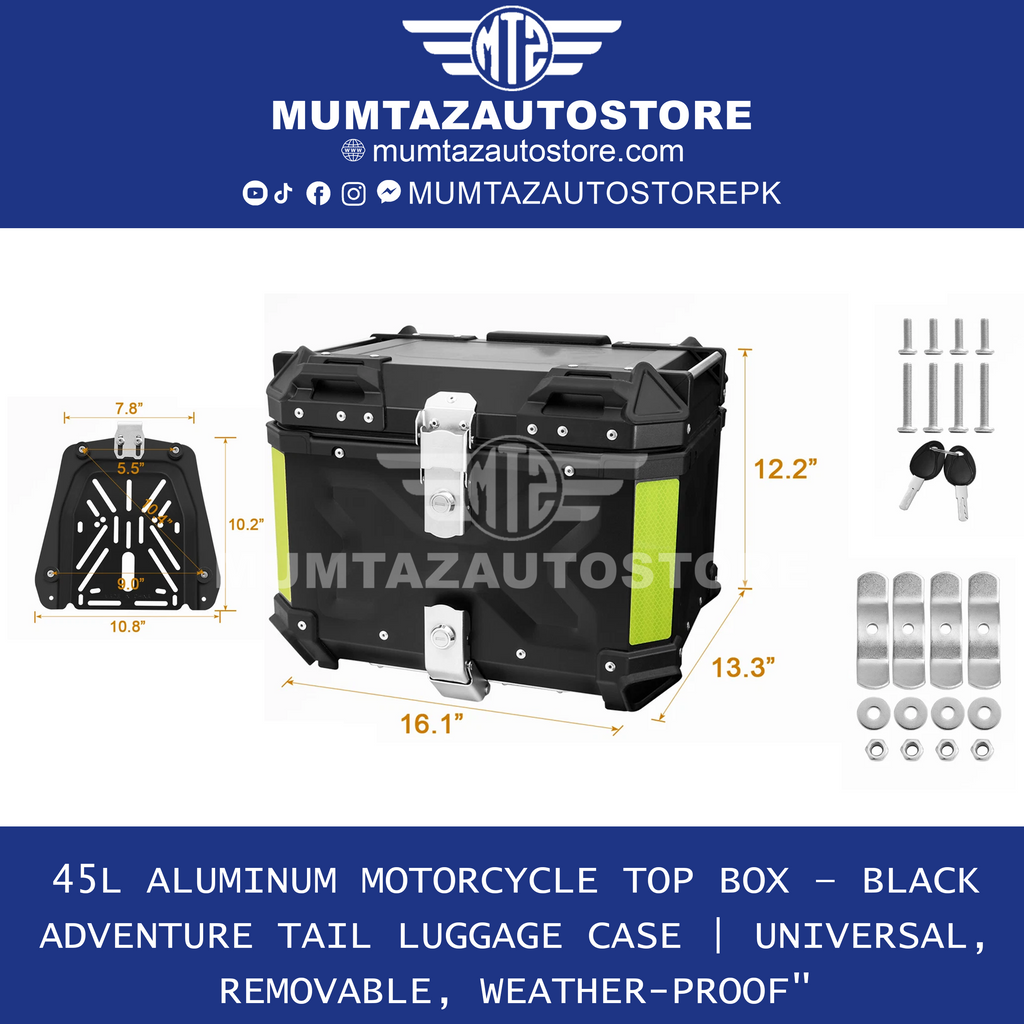 Aluminum Motorcycle Tail Box 45L – Detachable Rear Luggage Trunk Top Case for Storage
