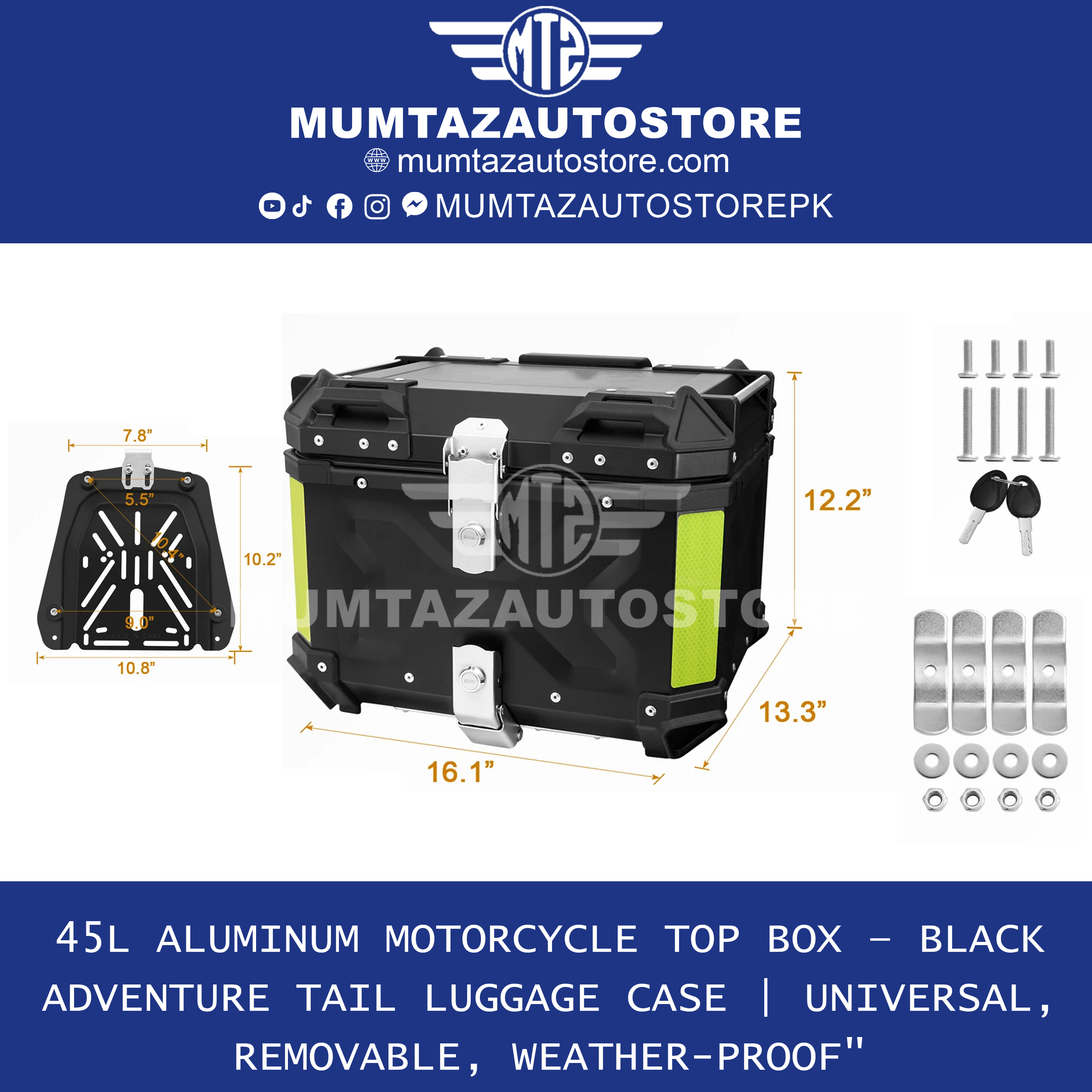 Aluminum Motorcycle Tail Box 45L – Detachable Rear Luggage Trunk Top Case for Storage