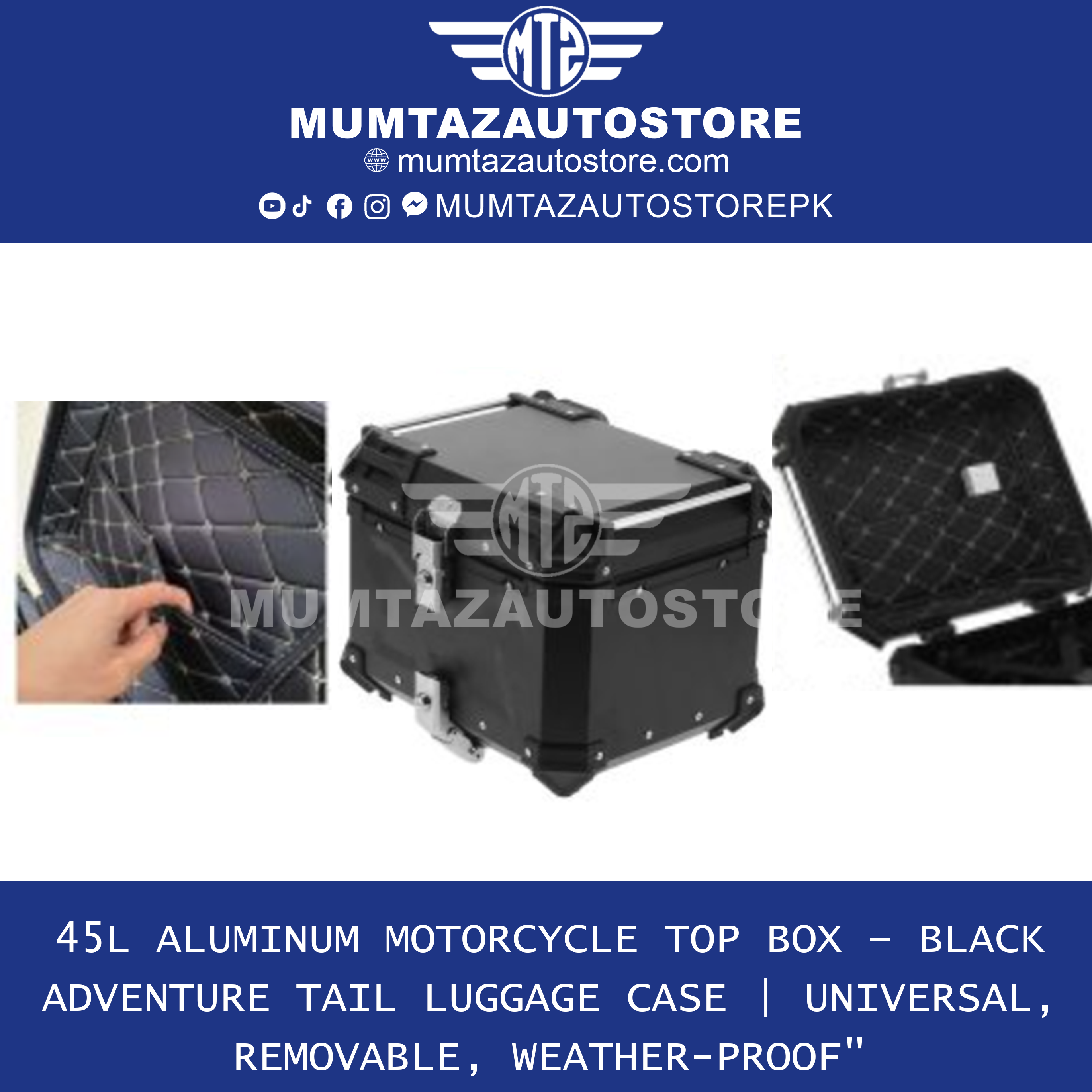 Aluminum Motorcycle Tail Box 45L – Detachable Rear Luggage Trunk Top Case for Storage