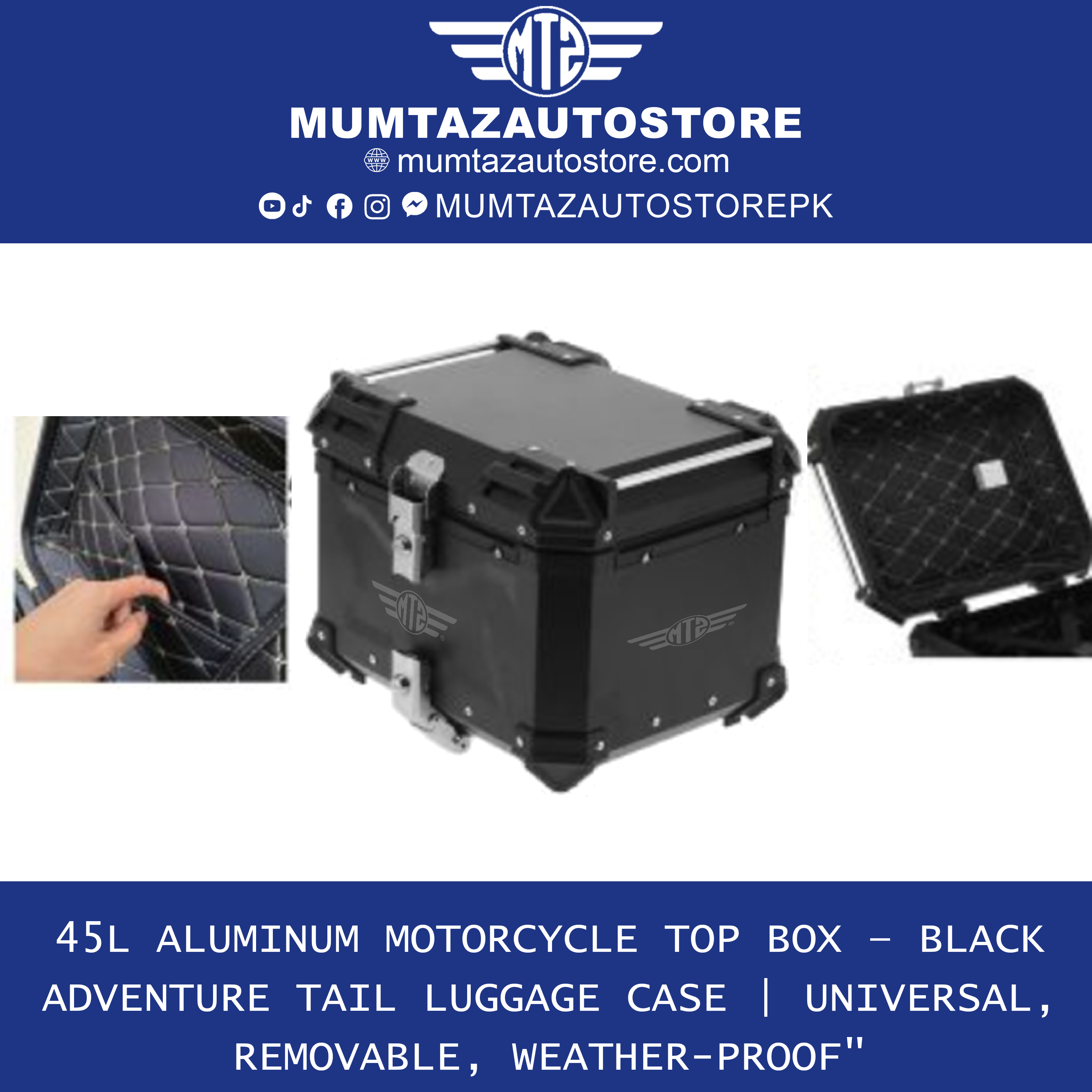 Aluminum Motorcycle Tail Box 45L – Detachable Rear Luggage Trunk Top Case for Storage