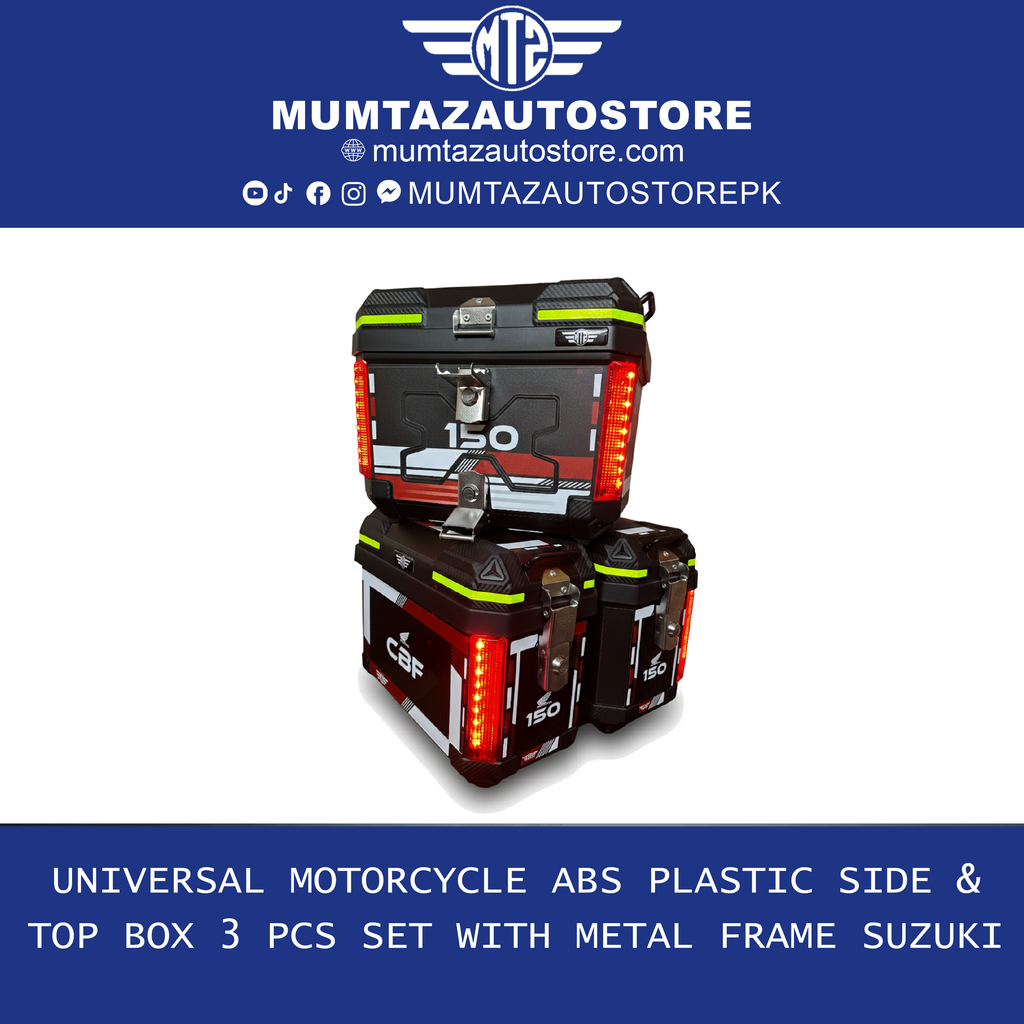 Universal Motorcycle ABS Plastic Side & Top Box Set (3 PCS) with Metal Frame