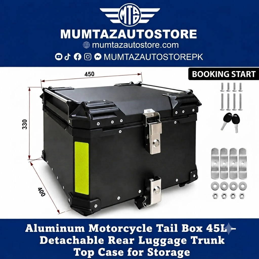 Aluminum Motorcycle Tail Box 45L – Detachable Rear Luggage Trunk Top Case for Storage