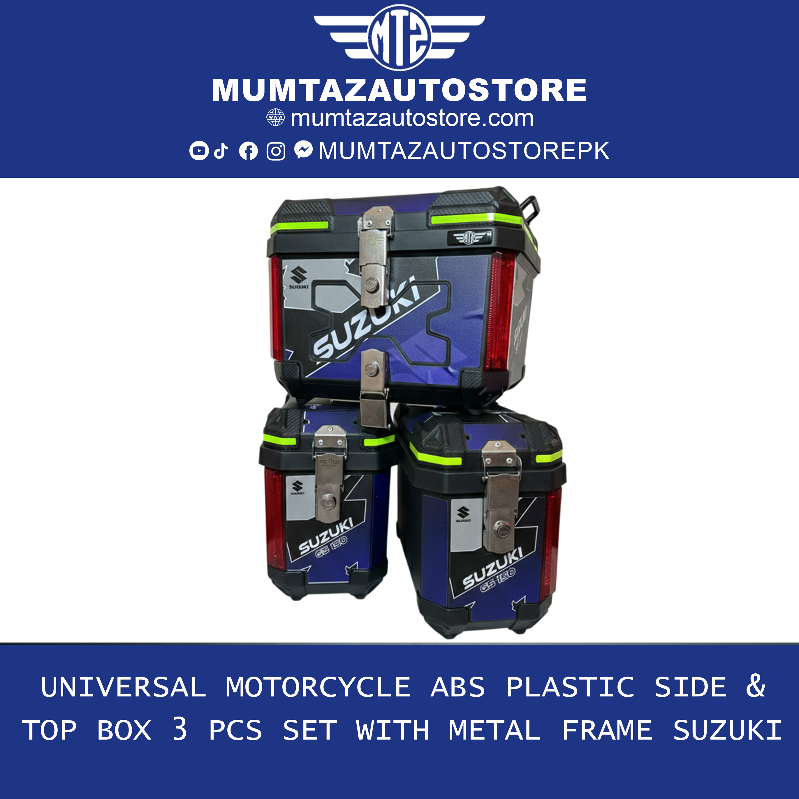 Universal Motorcycle ABS Plastic Side & Top Box Set (3 PCS) with Metal Frame