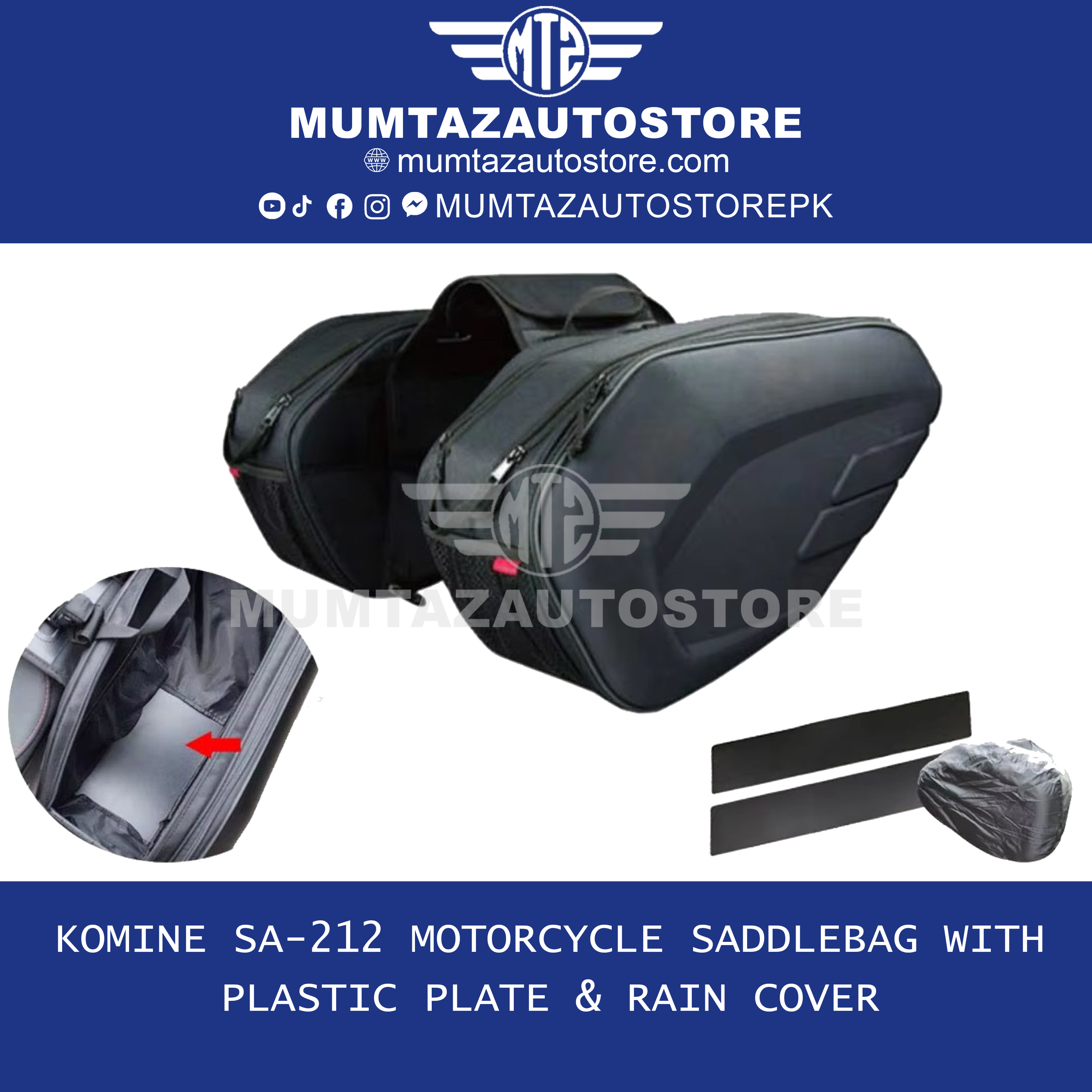 Komine SA-212 Motorcycle Saddlebag with Plastic Plate & Rain Cover