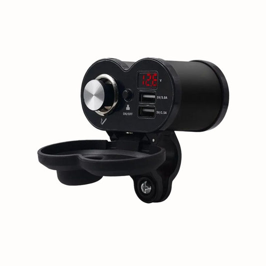Motorcycle Dual USB Charger with Voltmeter & Cigarette Lighter – QC 3.0 Fast Charging, Waterproof, 12V/24V, Metal Body