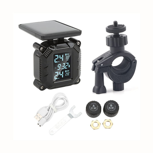 Motorcycle Tire Pressure & Temperature Monitoring System – Wireless, Solar Powered, LCD Display, IP67 Waterproof