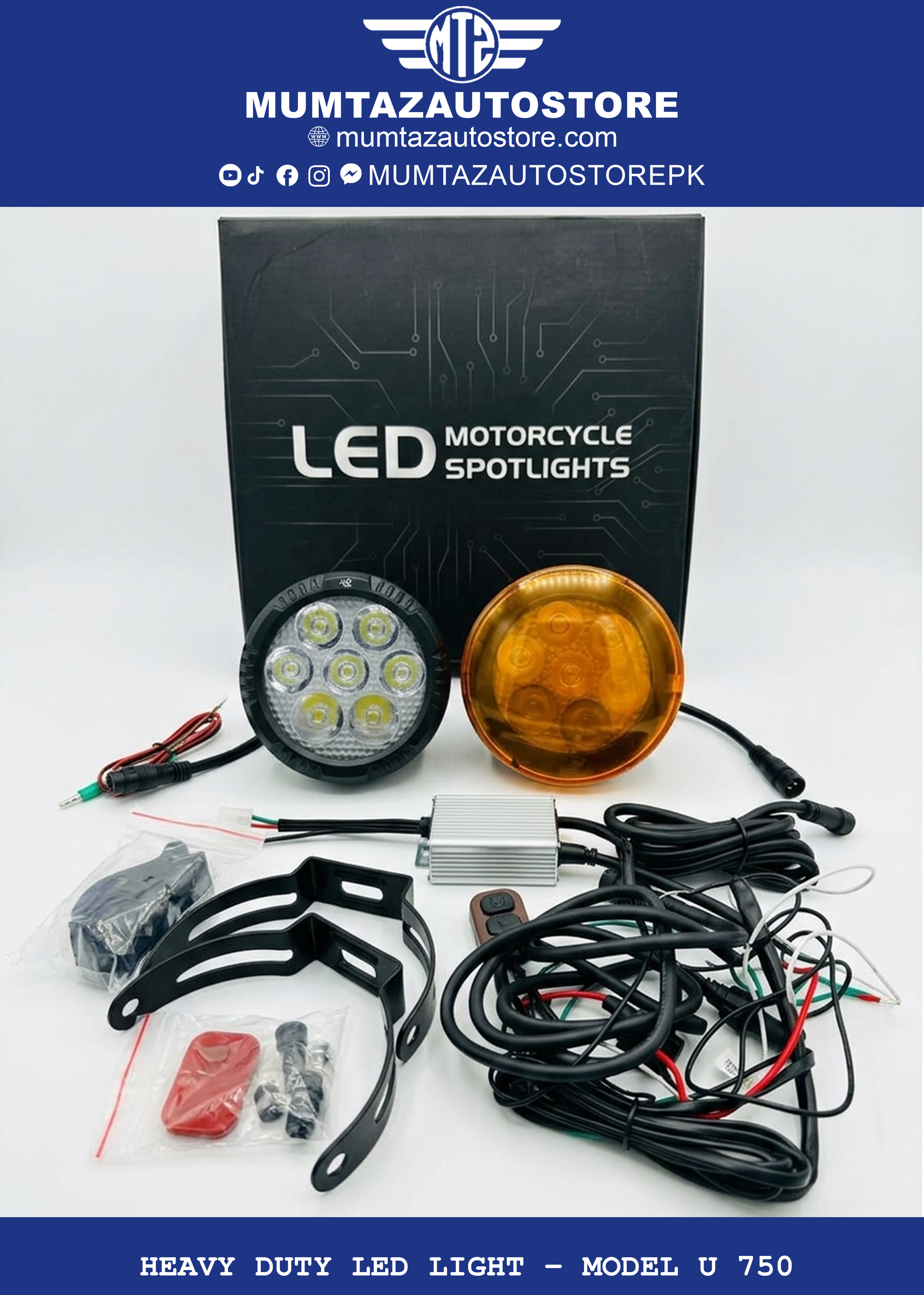 Heavy Duty Super Bright Motorcycle LED Light Model U-750 | Waterproof High Power Bike Spotlight