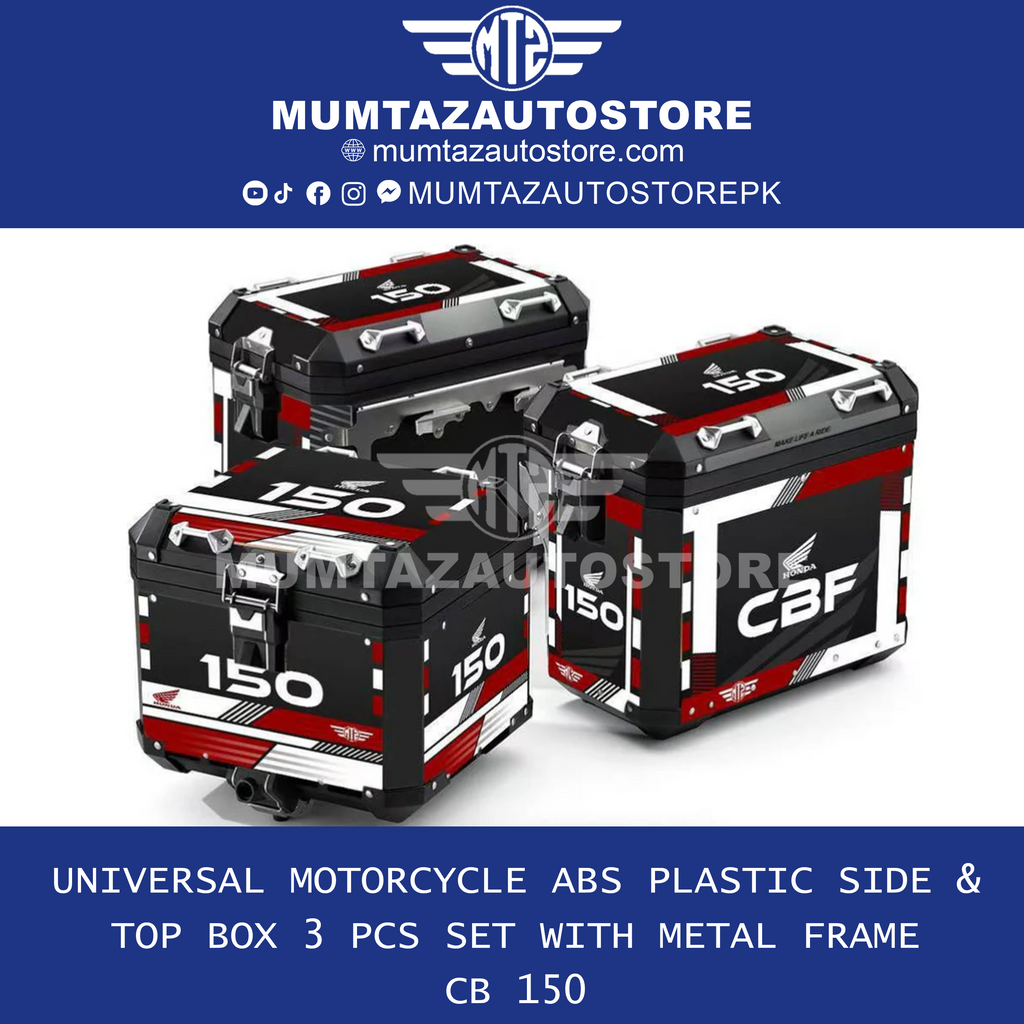 Universal Motorcycle ABS Plastic Side & Top Box Set (3 PCS) with Metal Frame