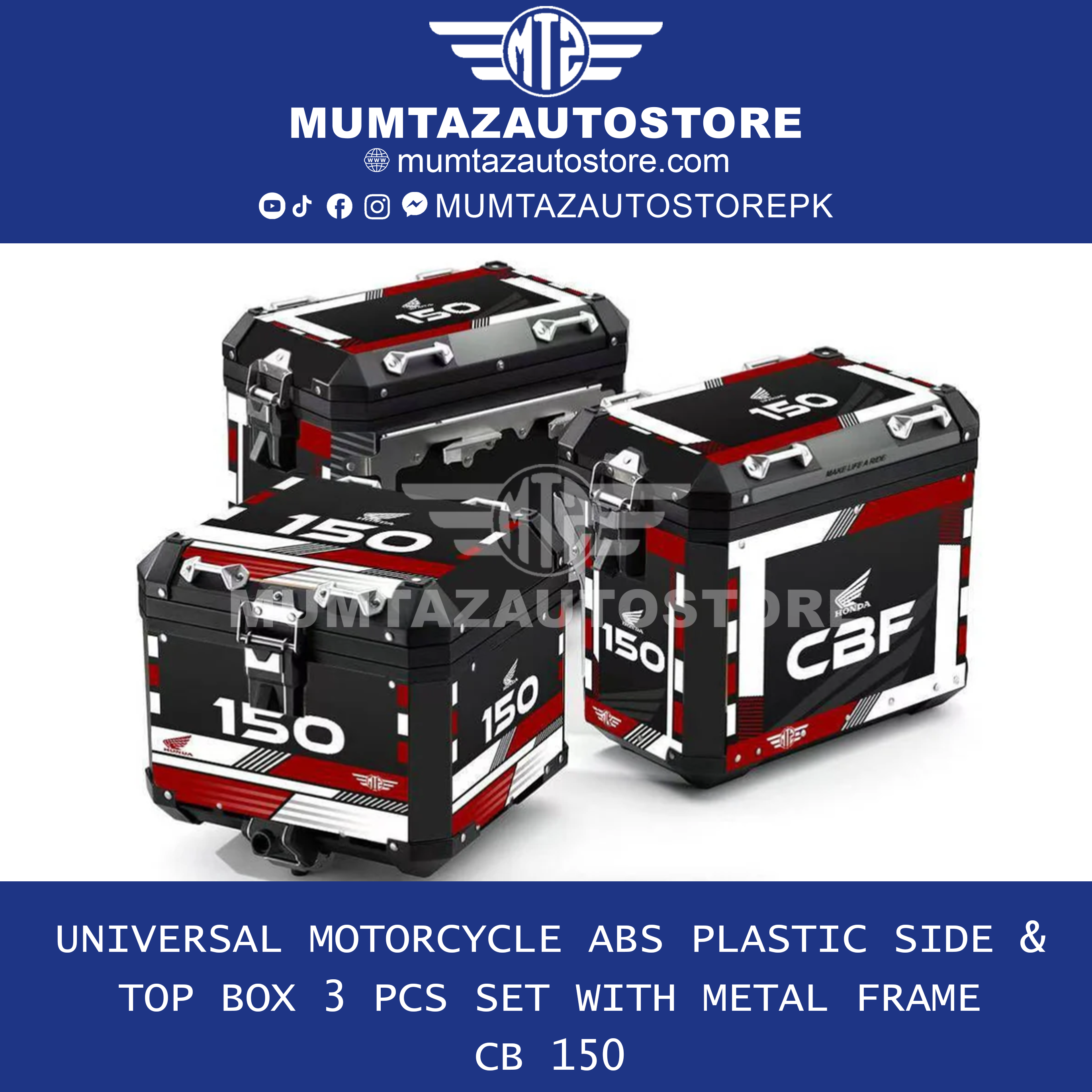 Universal Motorcycle ABS Plastic Side & Top Box Set (3 PCS) with Metal Frame