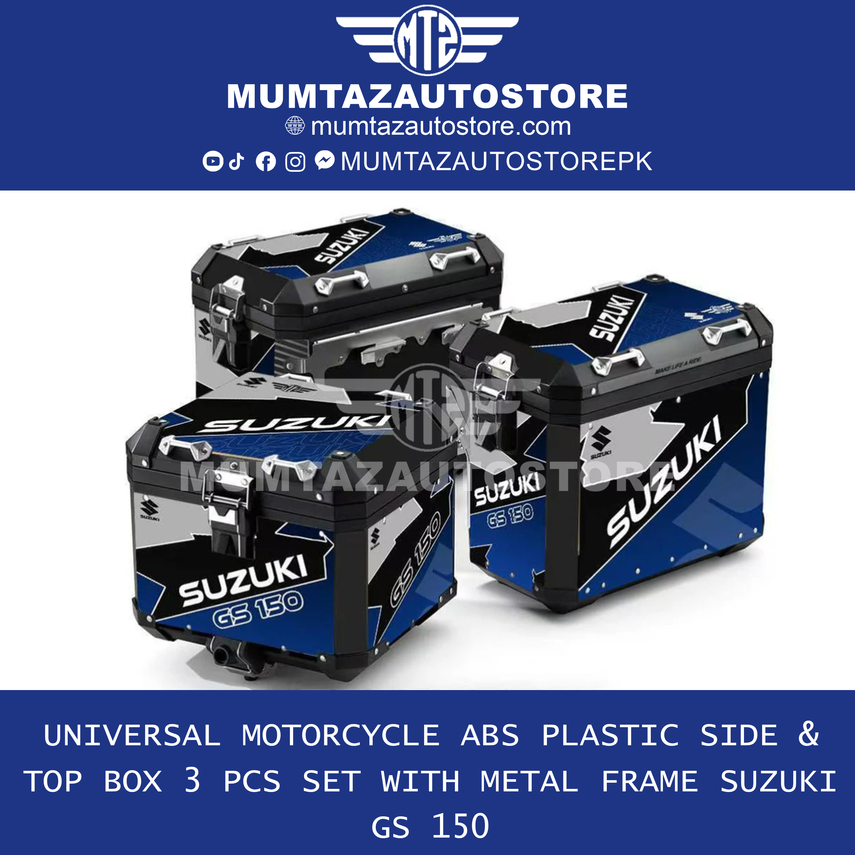 Universal Motorcycle ABS Plastic Side & Top Box Set (3 PCS) with Metal Frame