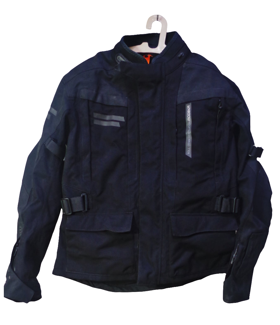 Modeka Motorcycle Riding Jacket – Black with Reflective Stripes, Protective & Adjustable"