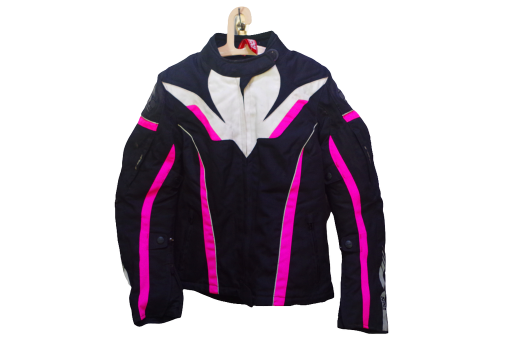Women's Black & Pink Motorcycle Riding Jacket with White Accents - Protective Sports Textile Gear