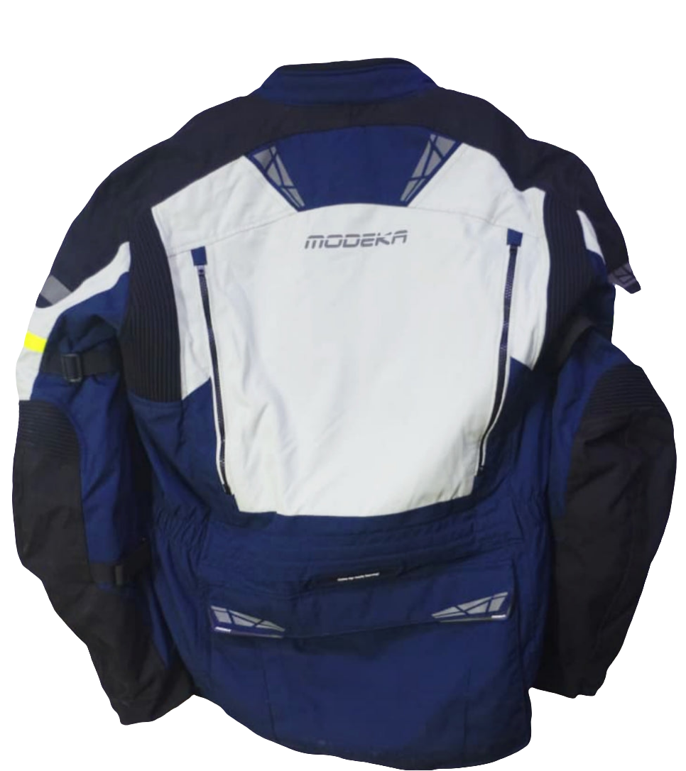 Modera motorcycle jacket in a blue, white, and black color combination, with some fluorescent yellow accents.