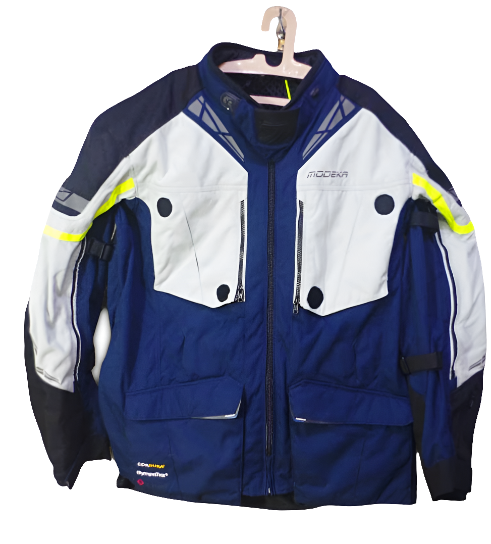Modera motorcycle jacket in a blue, white, and black color combination, with some fluorescent yellow accents.