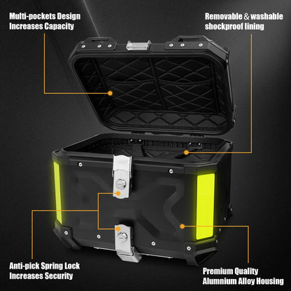 Universal Motorcycle Adventure Aluminum Top Box Black 45L Case Tail Box Luggage Fit Removeable Weather Control