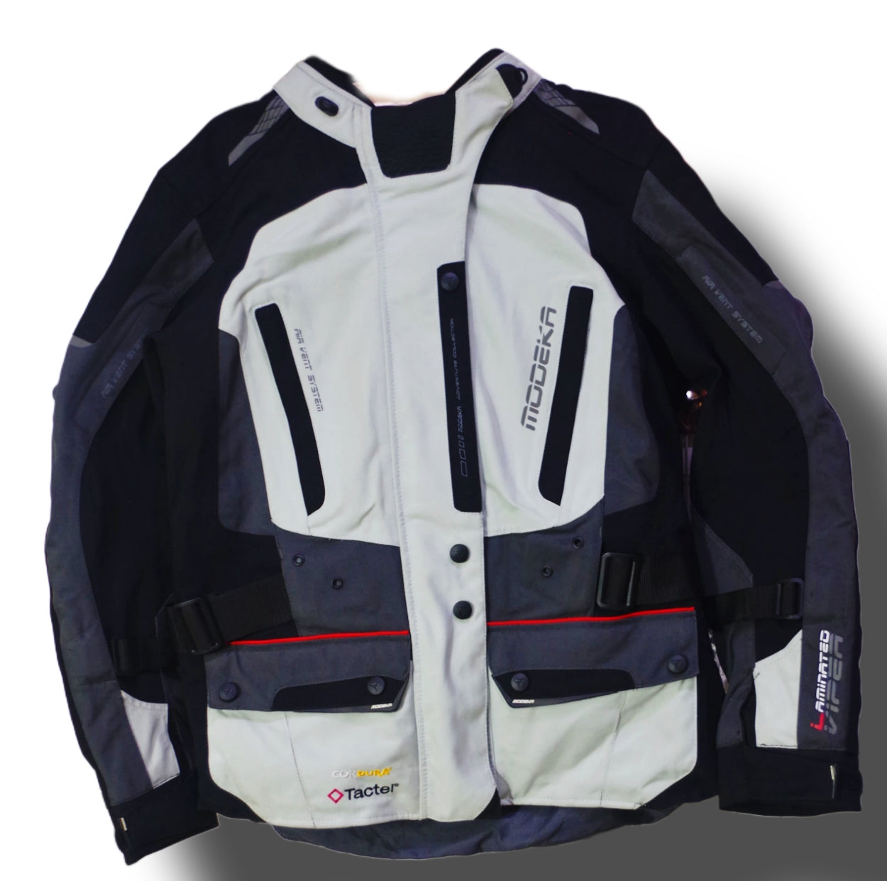 Modeka Men's Motorcycle Jacket – Multi-Color Design with Red Accents