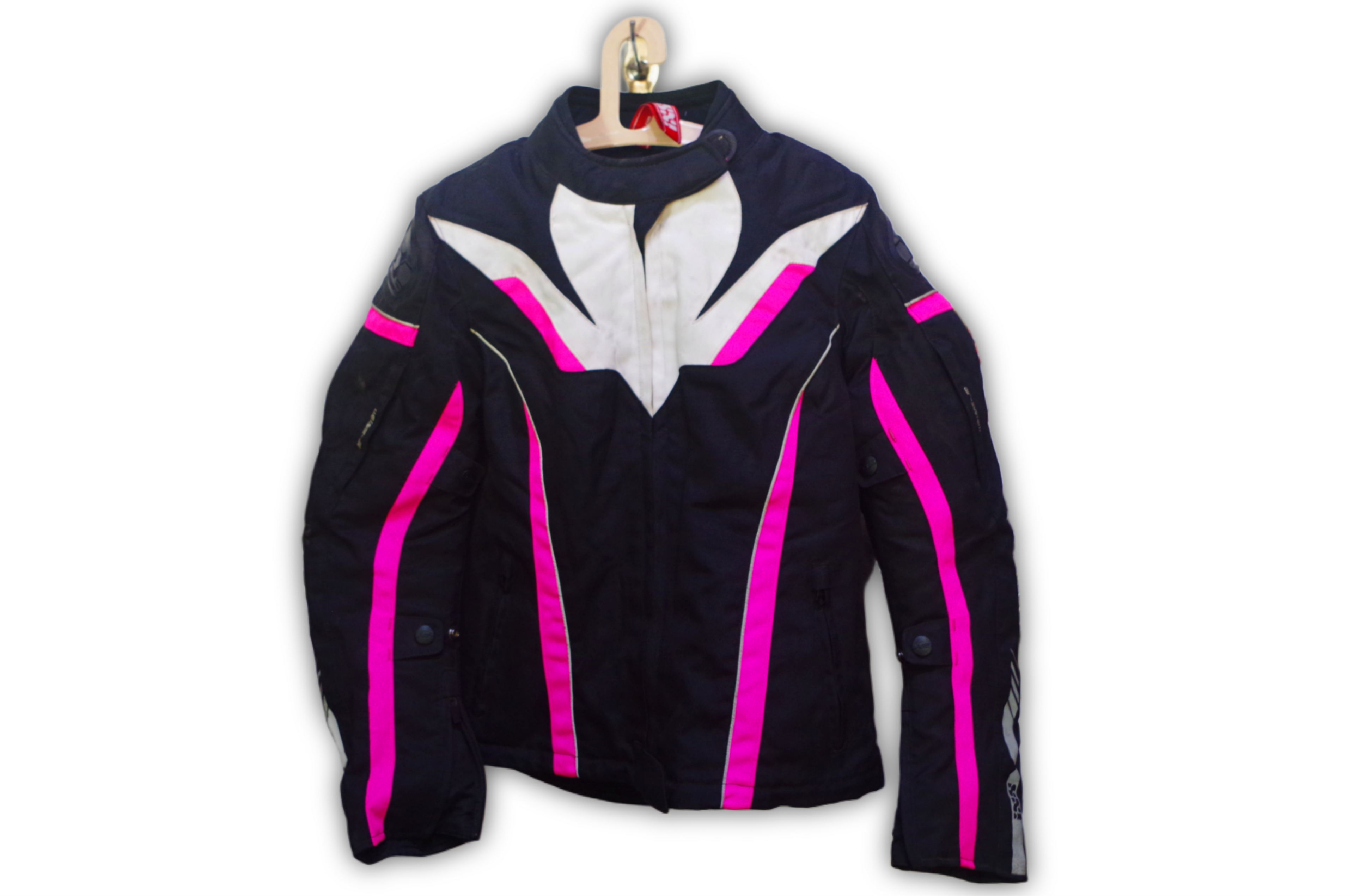 Women's Black & Pink Motorcycle Riding Jacket with White Accents - Protective Sports Textile Gear